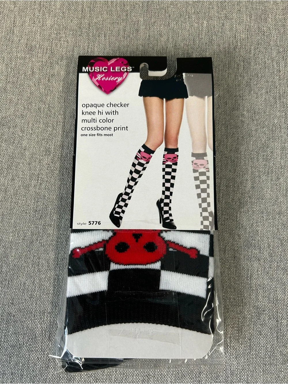 Music Legs Black White Checkerboard Knee High Socks with Red Skull